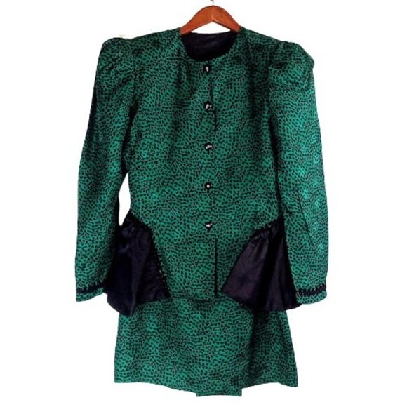 Vintage Green Black Satin Jacquard Embellished Jacket & Skirt Suit